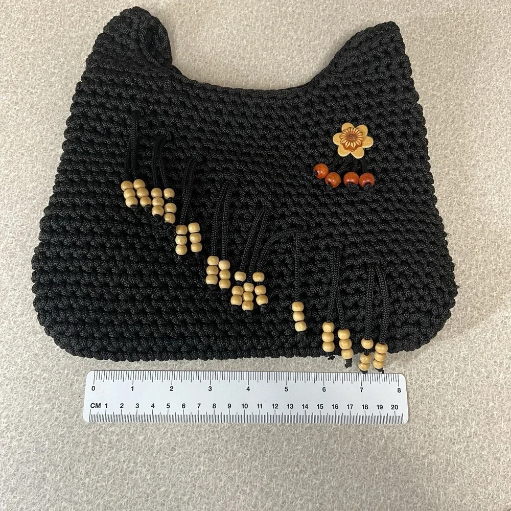 Black Crochet Knit Hobo Sack Beaded Handbag Flower Purse Zip‎ And Inside Pocket